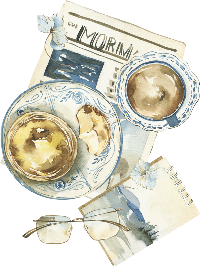 Watercolor Morning flatlay composition clipart.