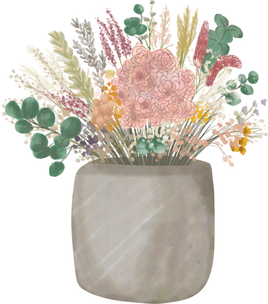 A bunch of flowers in a grey vase